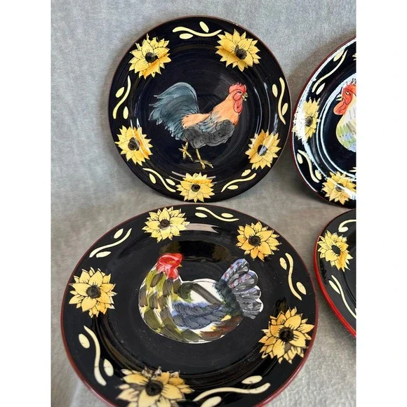 Set of 4 Rooster Sunflower Salad Plates Dark Blue Red Rim‎ Farmhouse  Decor - Picture 6 of 9